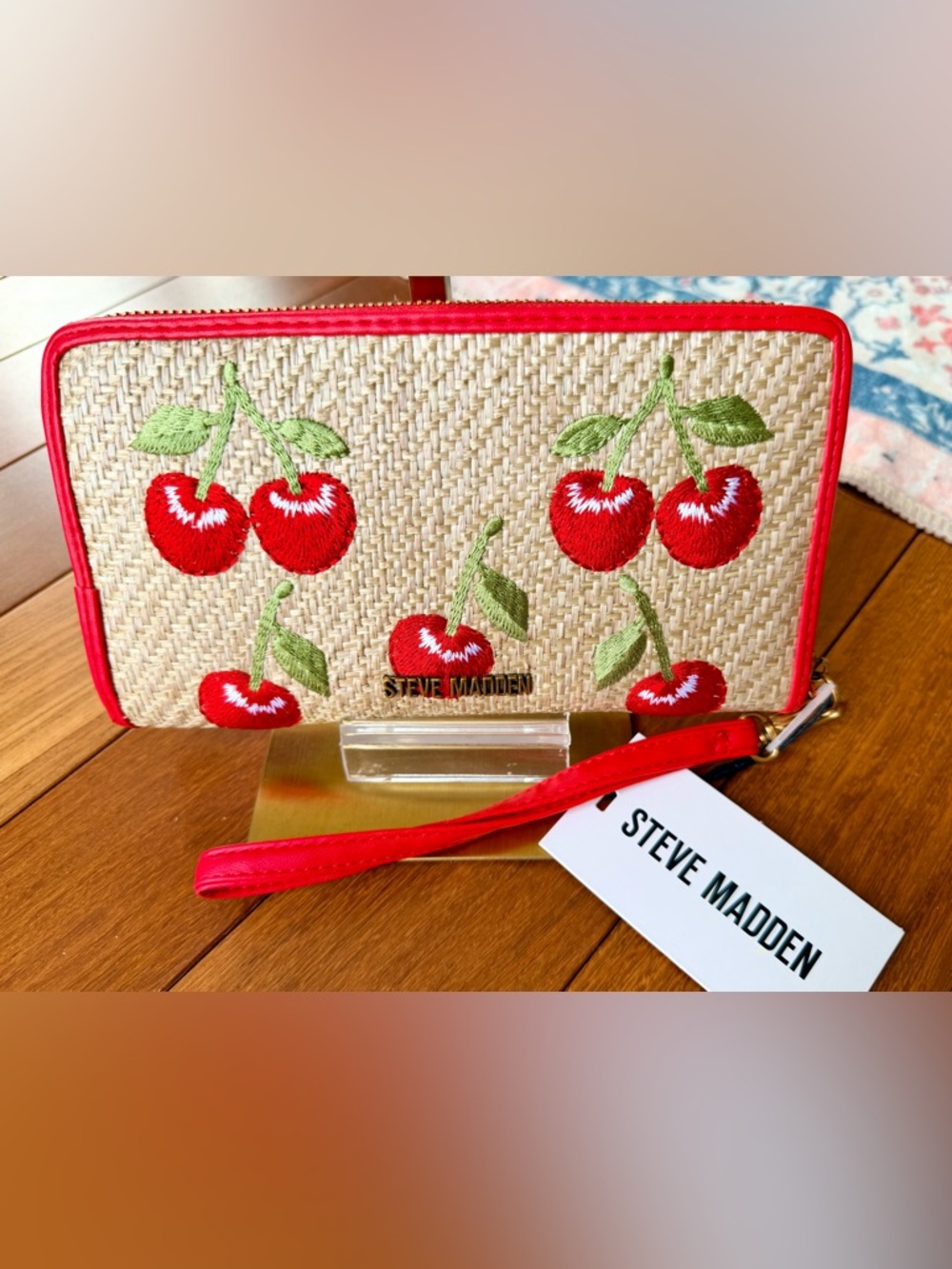Steve Madden Straw-Textured Zip-Around Wallet Featuring Embroidered Cherries NWT - Picture 2 of 10